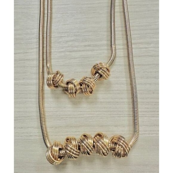 Gold-Tone Double Layer Snake Knotted Bead Necklace Earrings Set Adjust Chain 10" - Picture 4 of 6